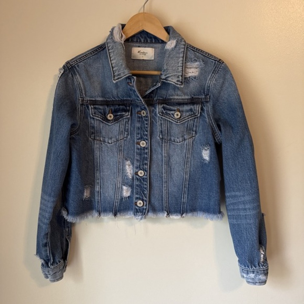 KanCan Denim Jean Jacket Blue Distressed Womens Size L Raw Hem Crop Trucker Coat